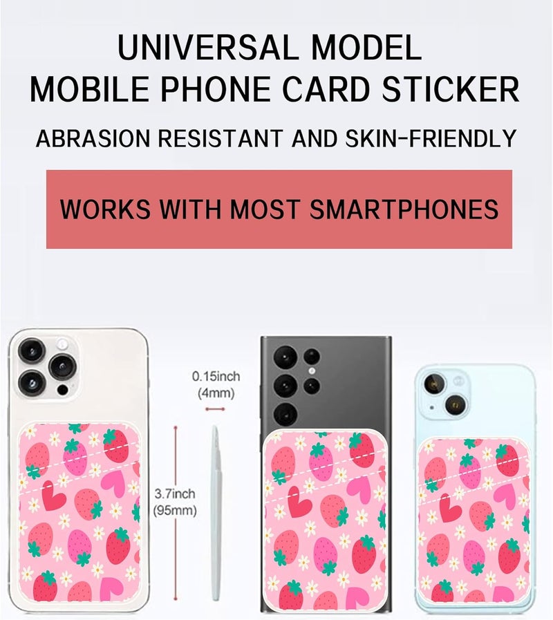 AOHRO Dual Pocket Leather Phone Wallet Adhesive Stick On, Cute Strawberry Card Holder - Image 2